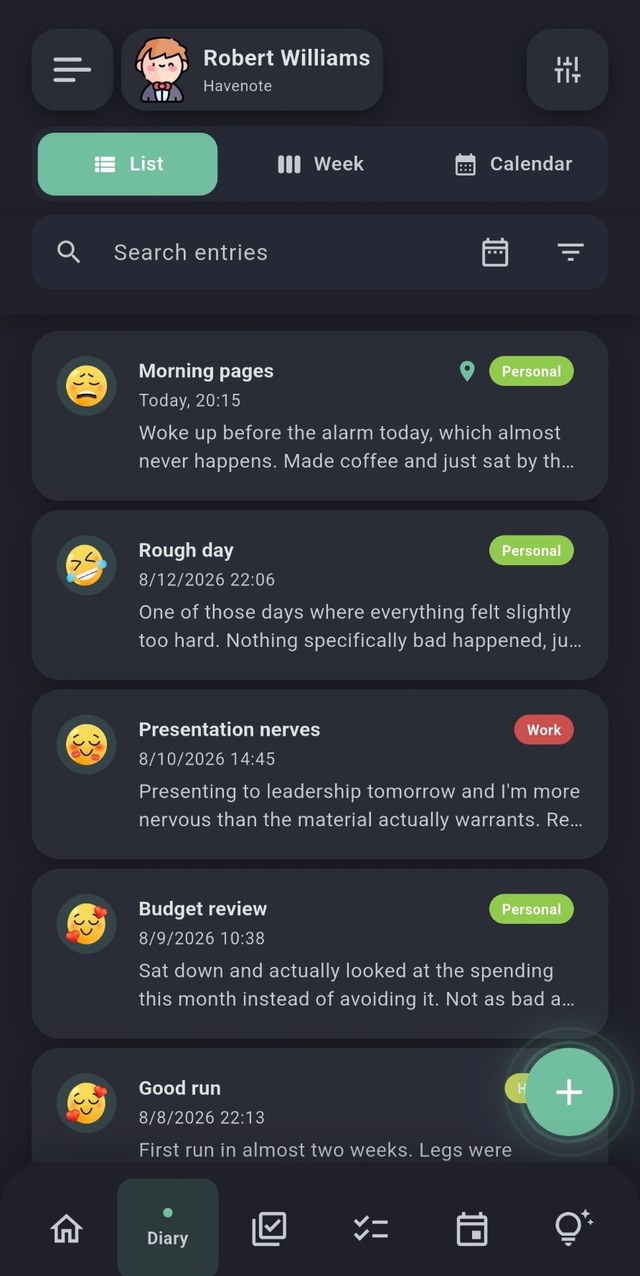 Havenote screenshot, dark mode