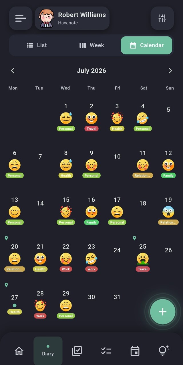 Havenote screenshot, dark mode