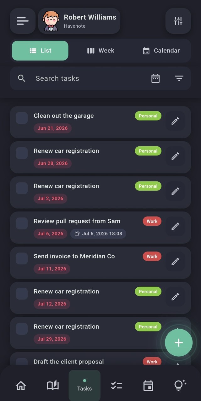 Havenote screenshot, dark mode