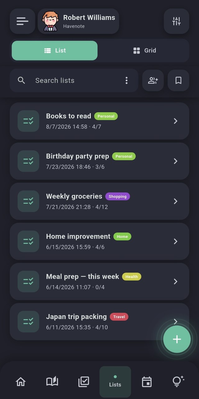 Havenote screenshot, dark mode
