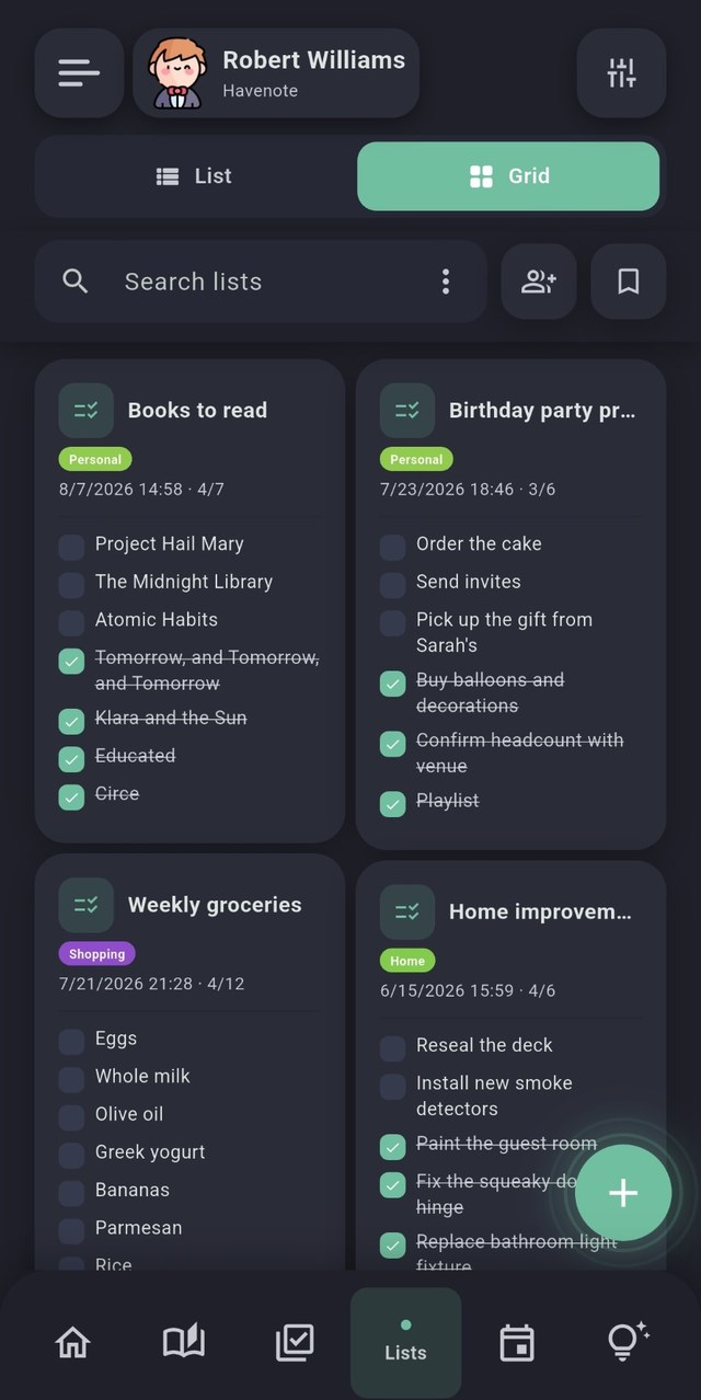 Havenote screenshot, dark mode