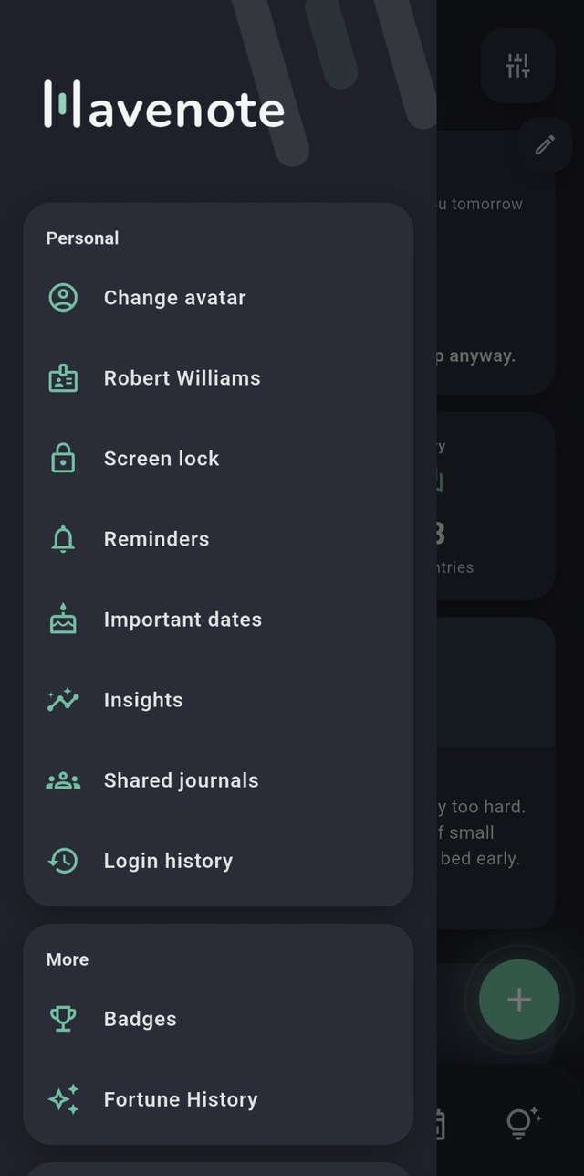 Havenote screenshot, dark mode