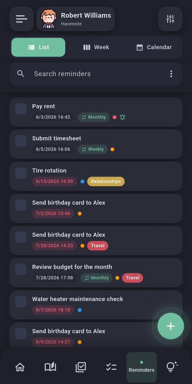 Havenote screenshot, dark mode