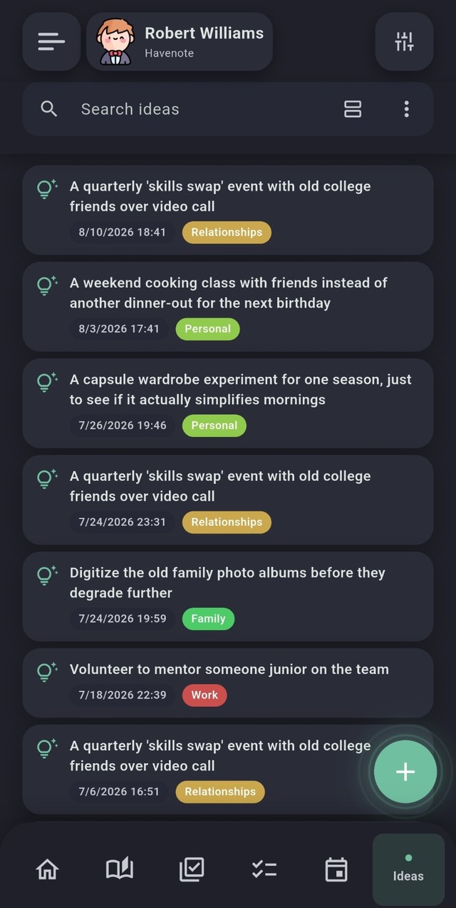 Havenote screenshot, dark mode