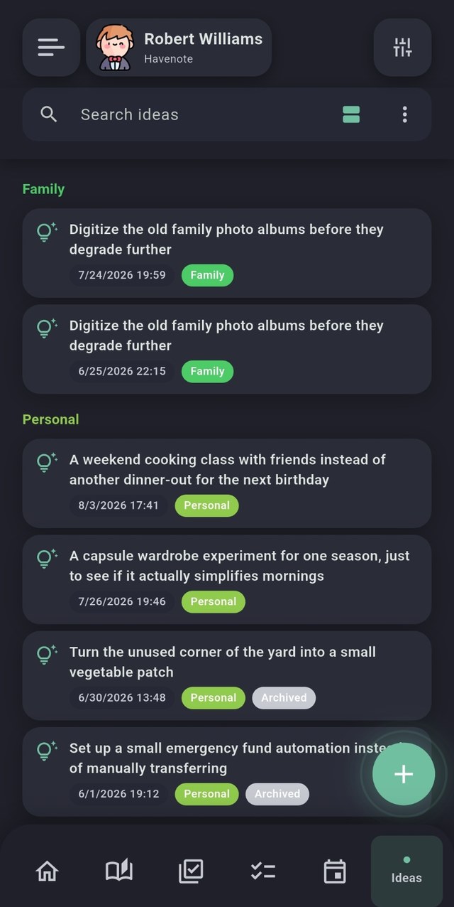 Havenote screenshot, dark mode