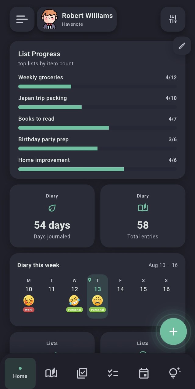 Havenote screenshot, dark mode