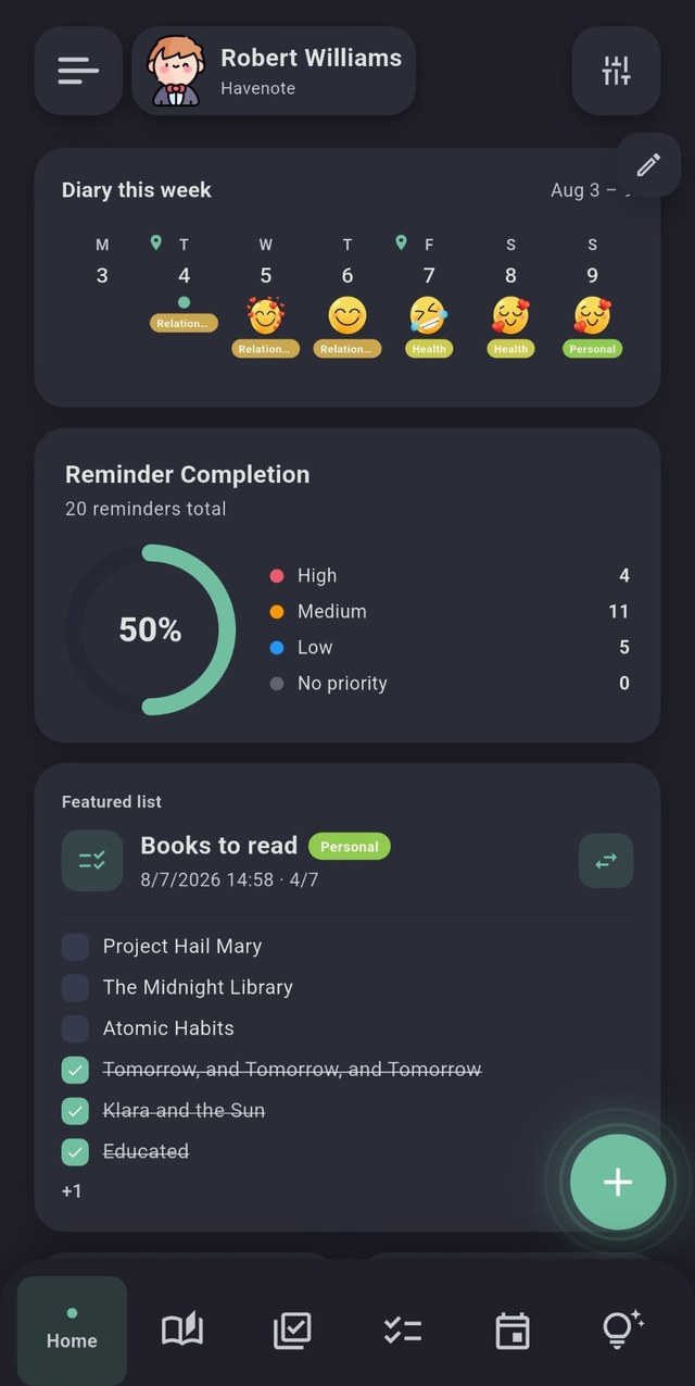 Havenote screenshot, dark mode